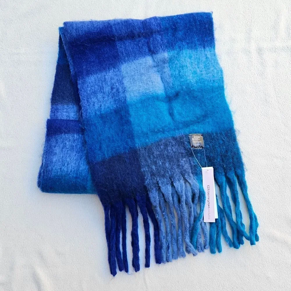 Bloomingdale's Aqua Blue Plaid Fringe Scarf